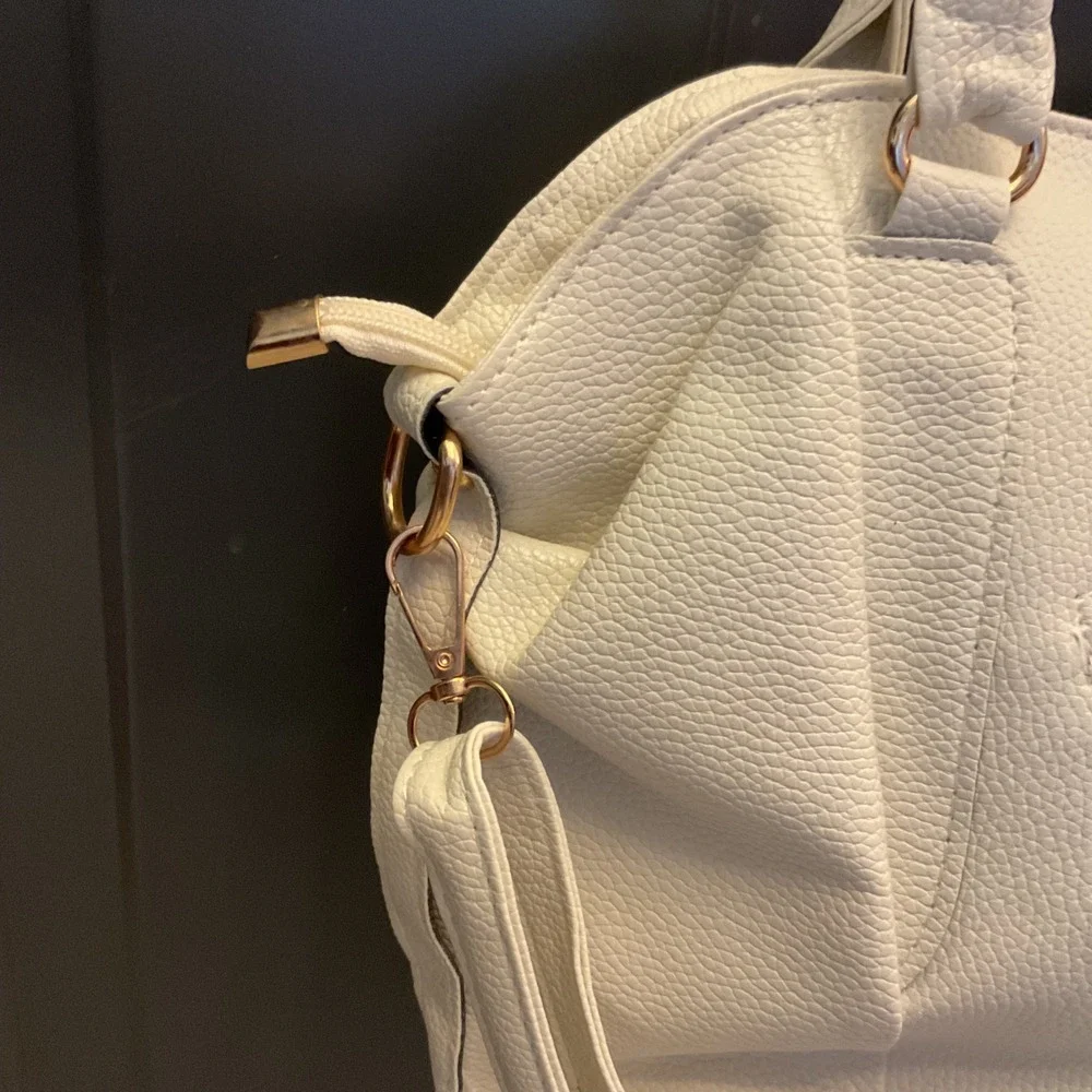 Cream Pebbled Faux Leather Satchel Handbag Gold Hardware Shoulder Bag